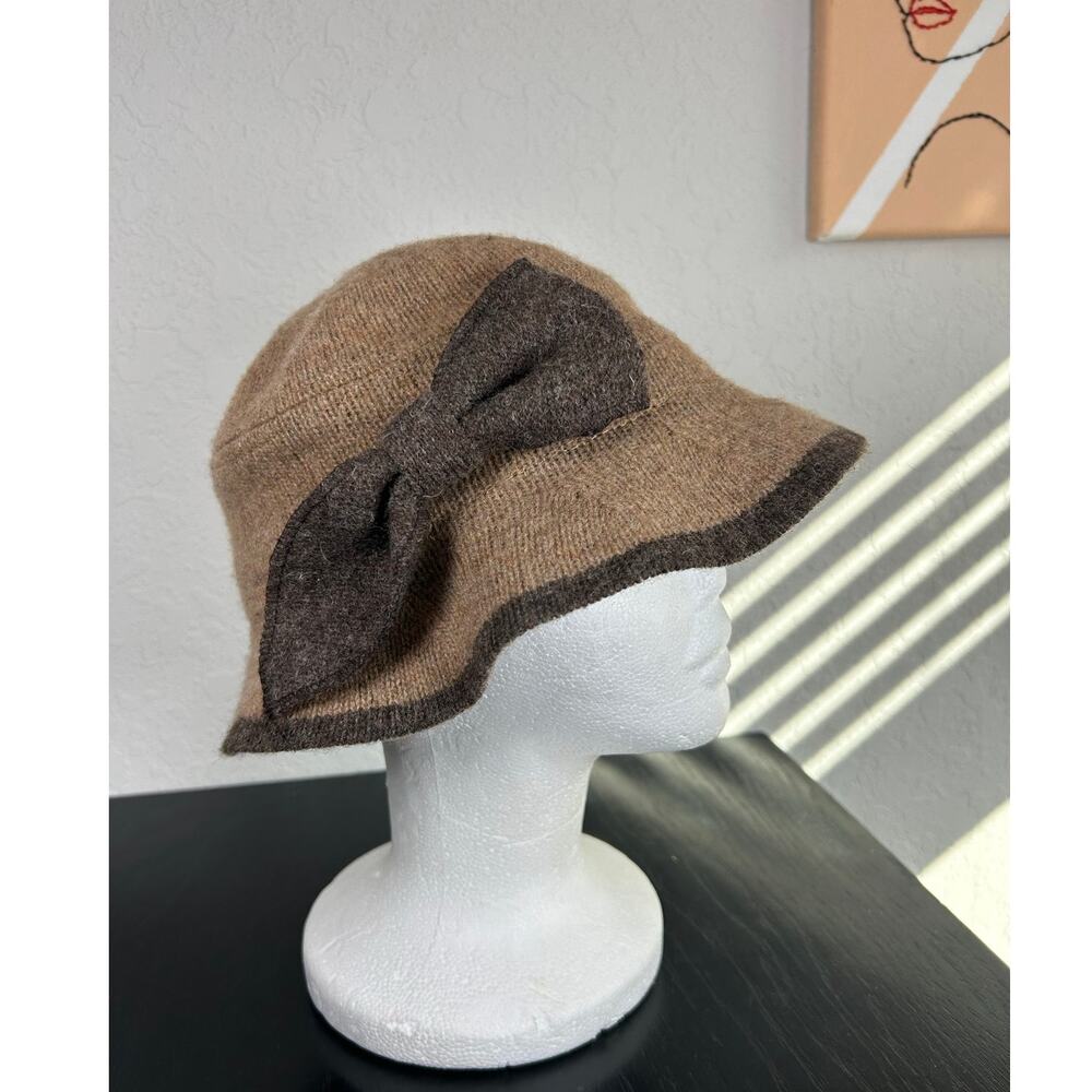 Bucket Hat- Wool Blend- Bow Accent Indigo soul- Brown Tan Warm OSFM